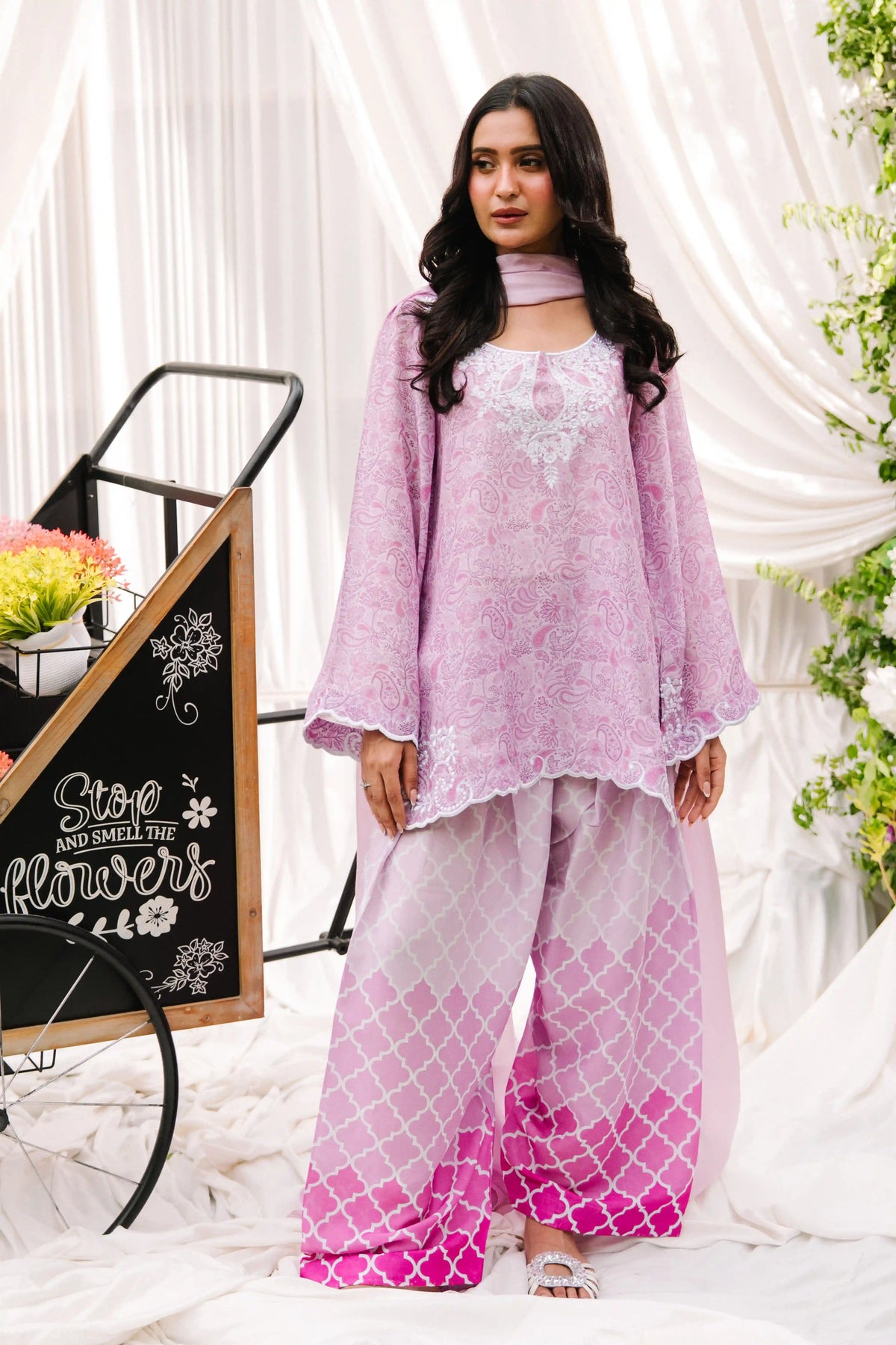 Candy Petal pink sheesha silk 3-piece outfit with paisley print, white embroidery, ombré trousers and silk dupatta