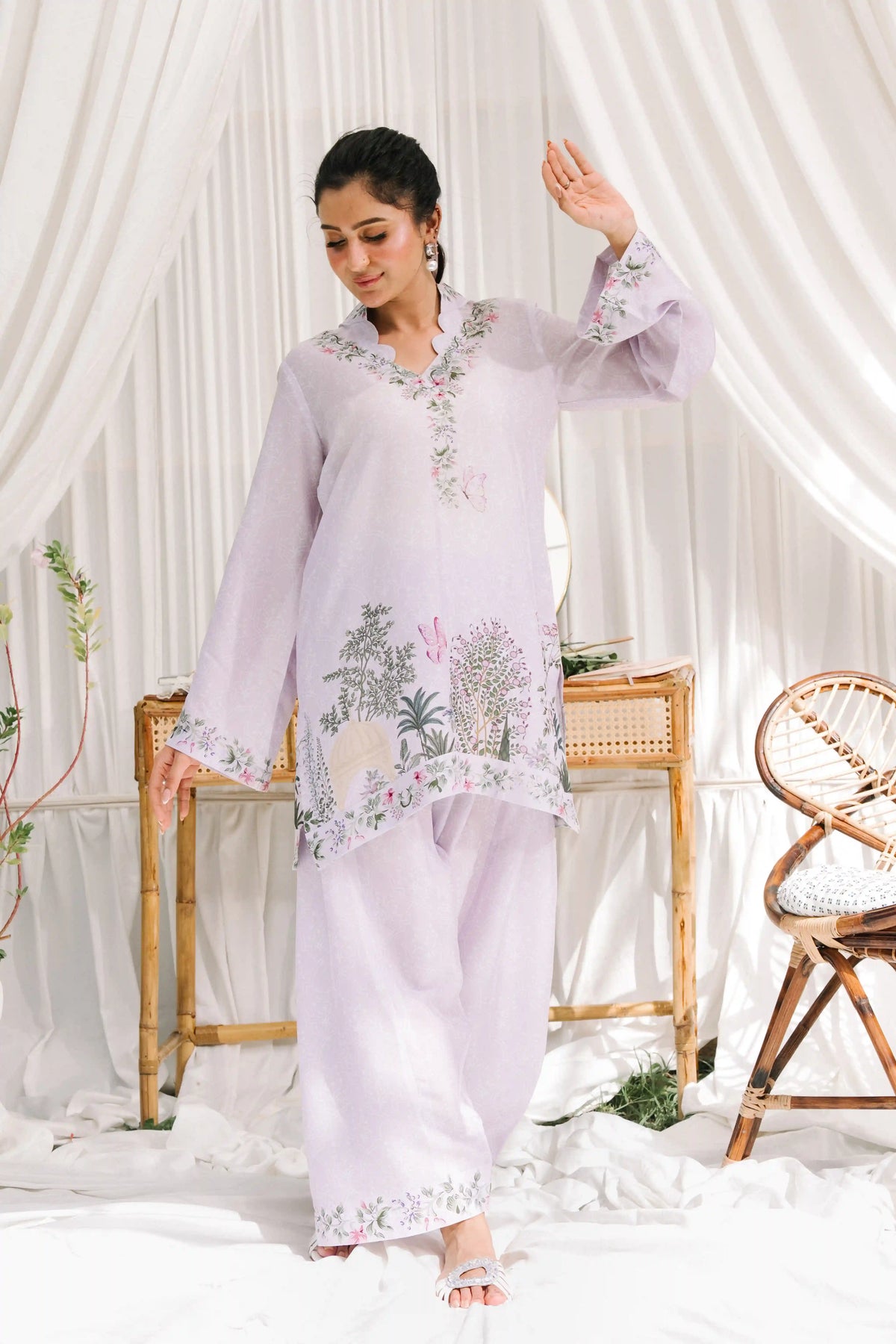 Chérie lilac sheesha silk 2-piece outfit with garden floral and butterfly print, scalloped neckline and matching pants