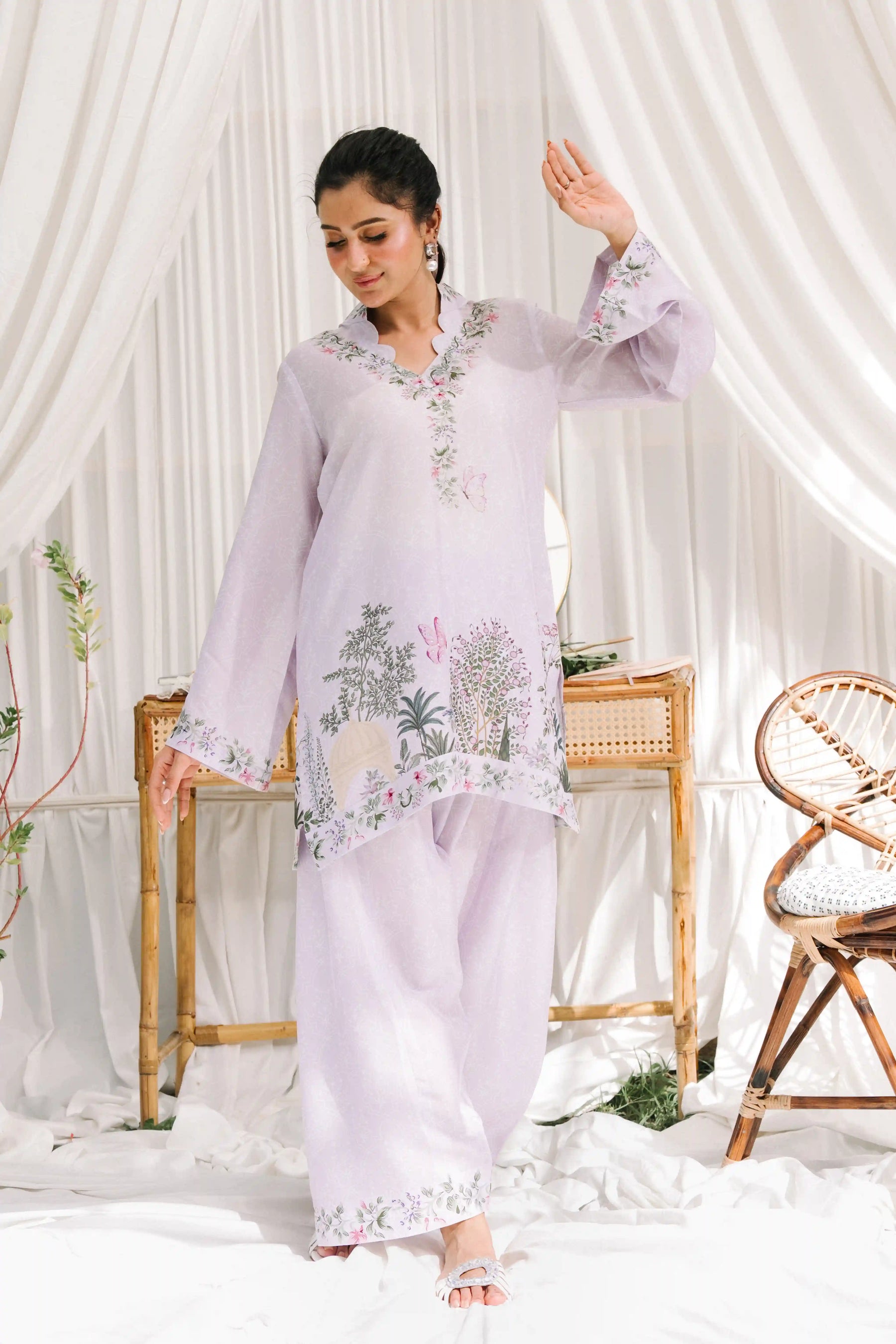 Chérie lilac sheesha silk 2-piece outfit with garden floral and butterfly print, scalloped neckline and matching pants