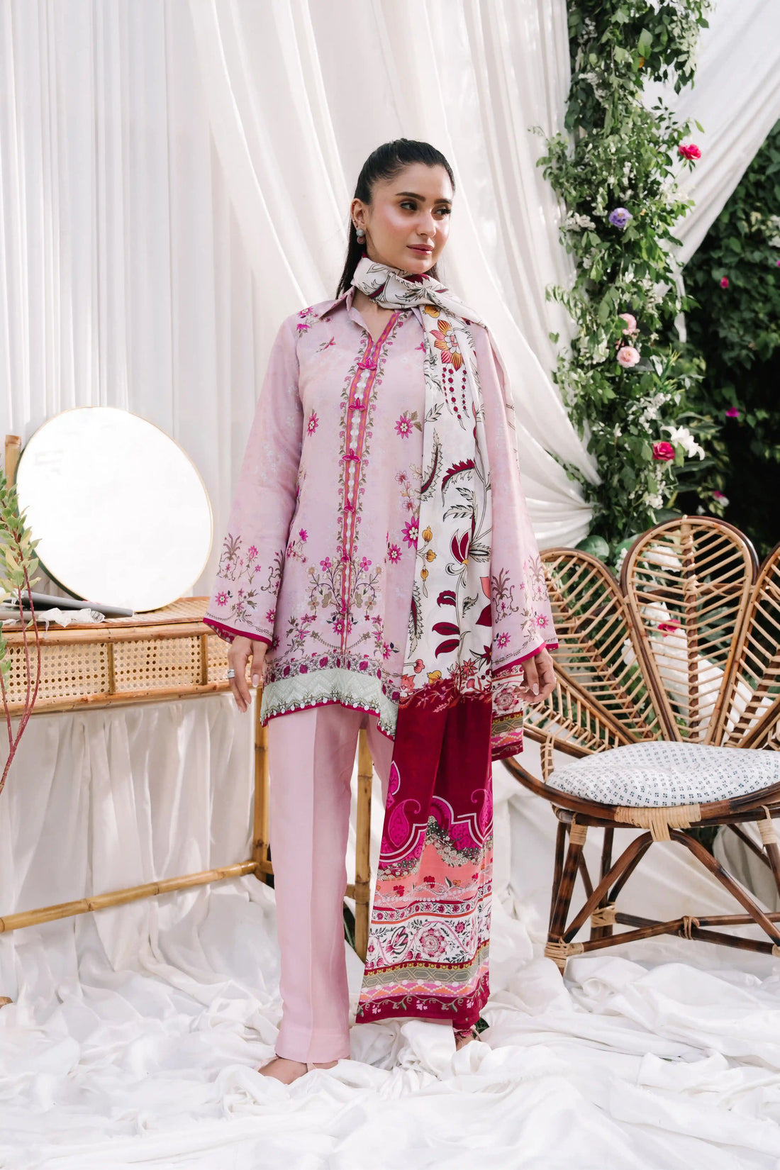Ember pink sheesha silk 3-piece outfit with floral detailing, solid pink pants and contrasting silk dupatta