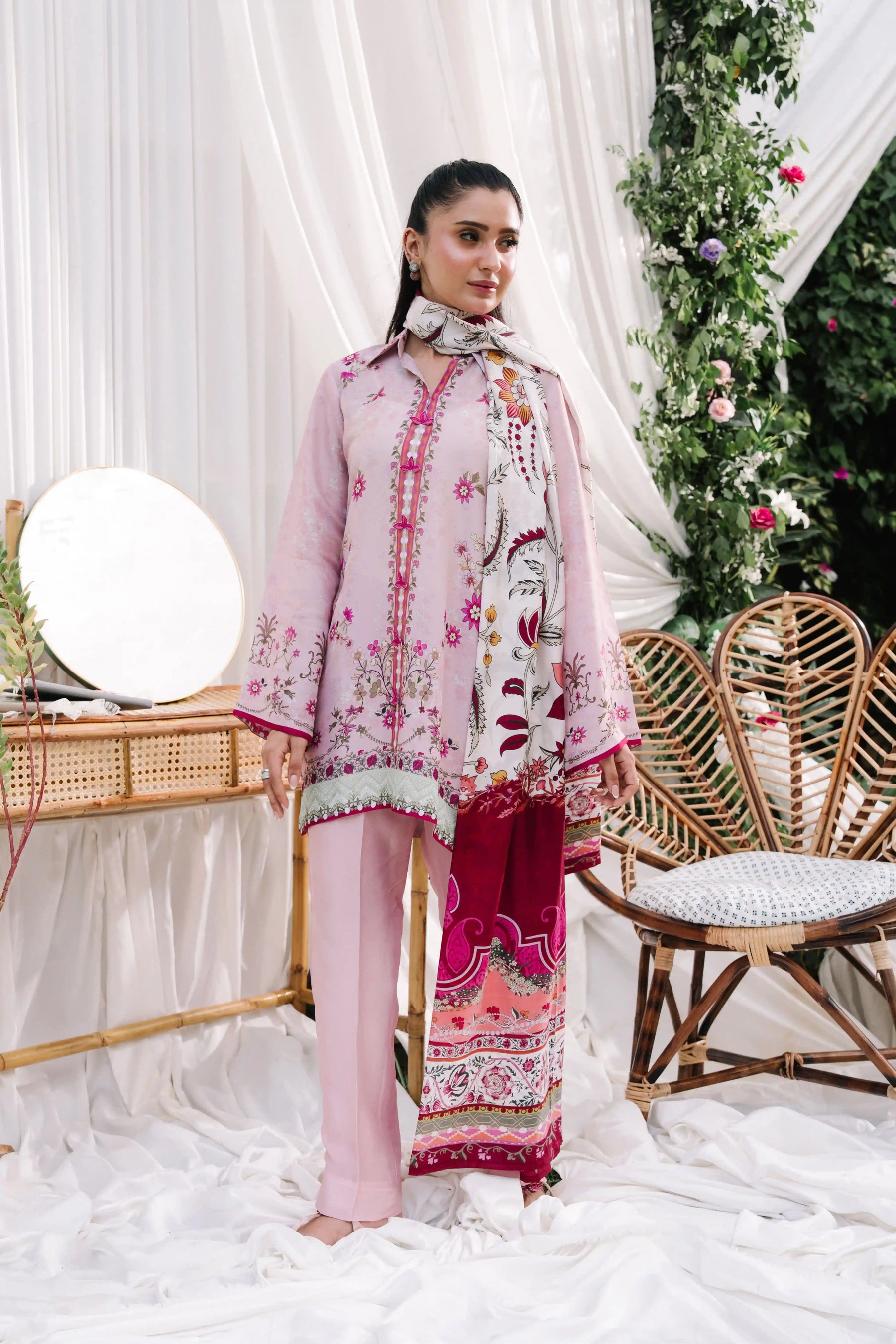 Ember pink sheesha silk 3-piece outfit with floral detailing, solid pink pants and contrasting silk dupatta