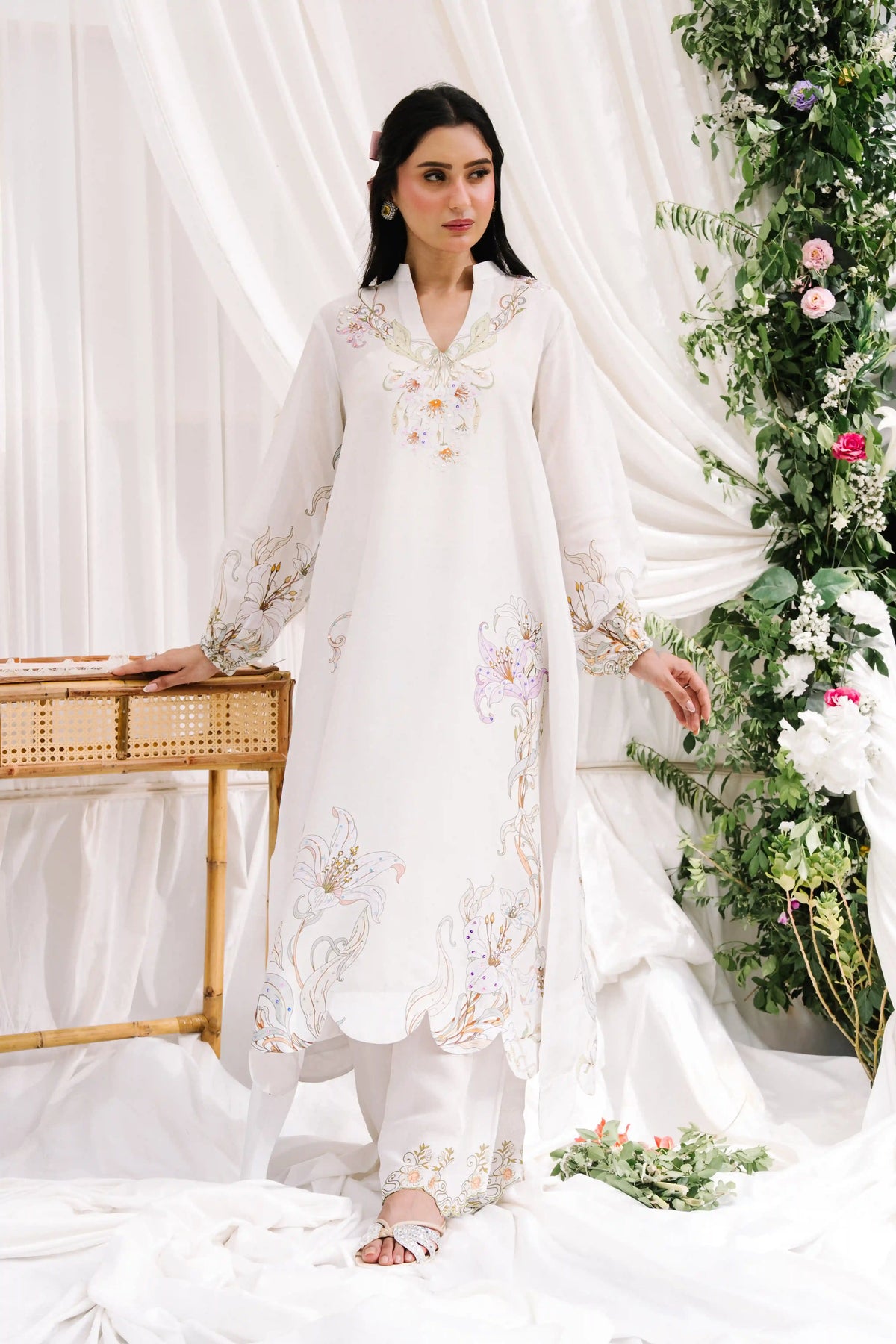 Everbloom ivory sheesha silk embroidered 2-piece outfit with lily print, detailed neckline and matching pants