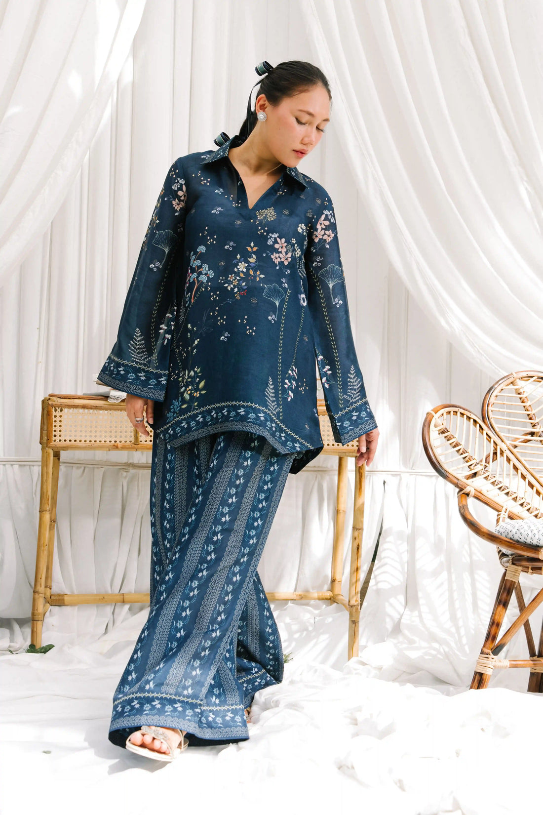 Moonlit Meadow indigo sheesha silk 2-piece outfit with delicate floral and vine print, collared kurta and wide-leg pants