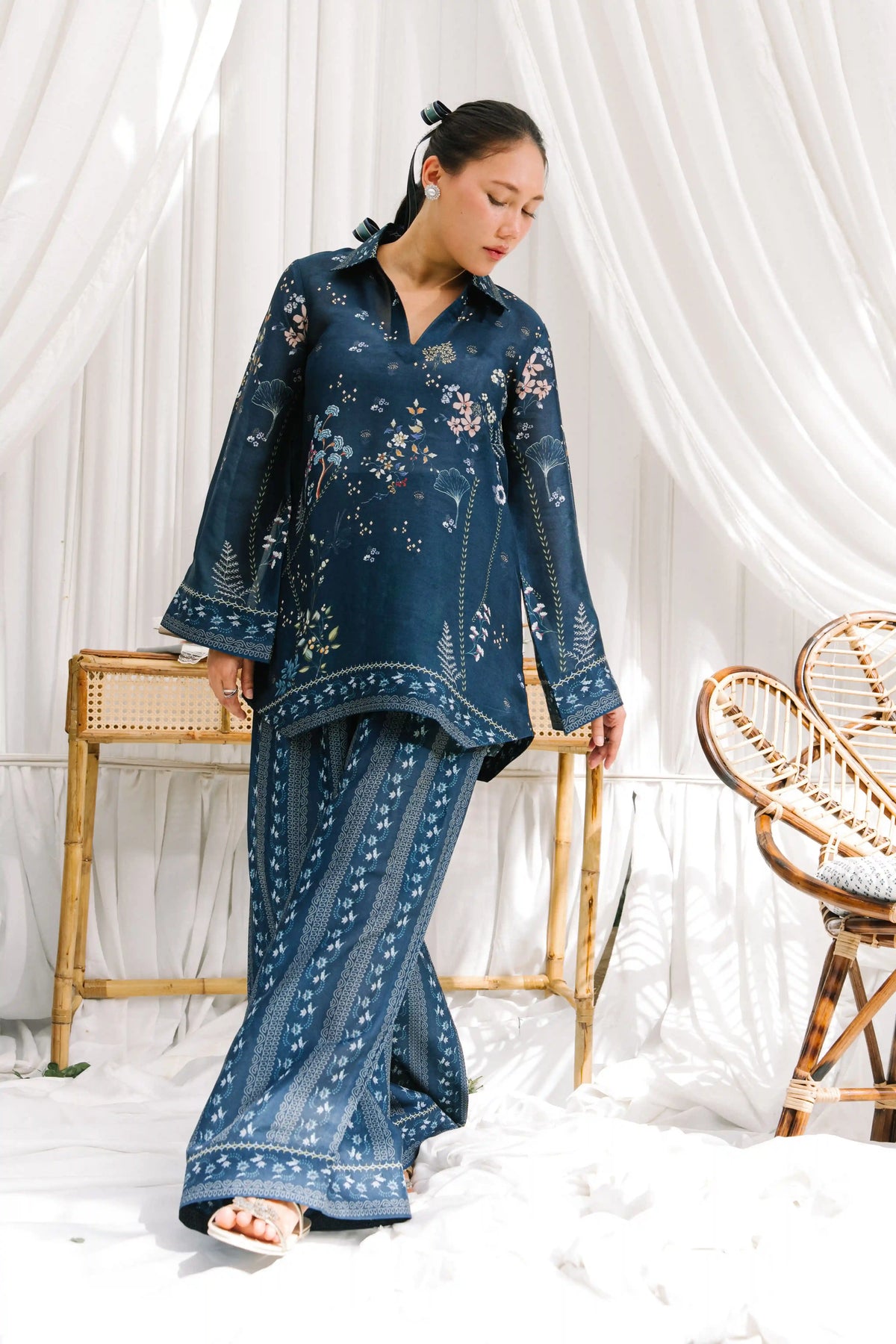 Moonlit Meadow indigo sheesha silk 2-piece outfit with delicate floral and vine print, collared kurta and wide-leg pants