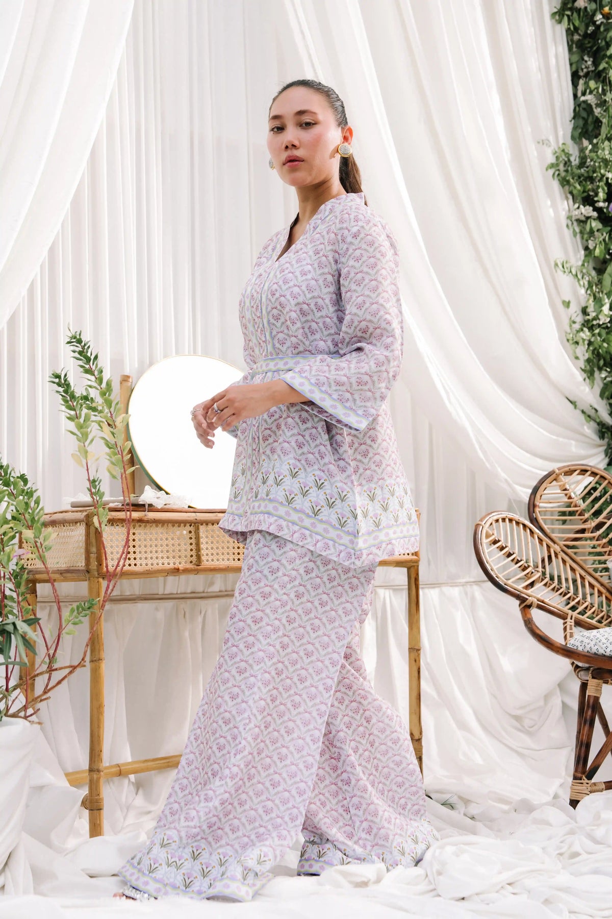 Primrose pink sheesha silk 2-piece outfit with blush floral digital print and matching wide-leg pants